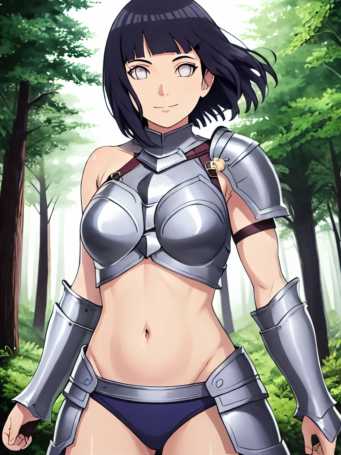 (hinata\(boruto\), (high quality:1.8), upper body:1.5, (curvy body:1.5), (ultra detailed body:1.4), (forest:1.7), (anime, tall woman, cowboy shot, ((arm curves:1.0), (defined biceps arms:1.0), (dark hair:1.8), (silver armor:1.8), ((bare arms, bare arms, bare shoulders)), (curved belly:1.2), (wide shoulders, off-shoulders), smile), (big breasts:1.1) ,(cleavage:0.8), closed mouth), ((pale skin)). ((dark blue:1.3, short hair, hime cut، loose hair), (windy:1.2)
