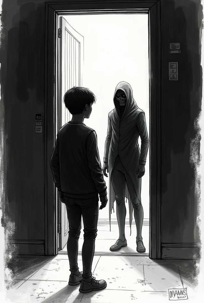 A black and white sketch of the chapter " the elevator" by William Sleator