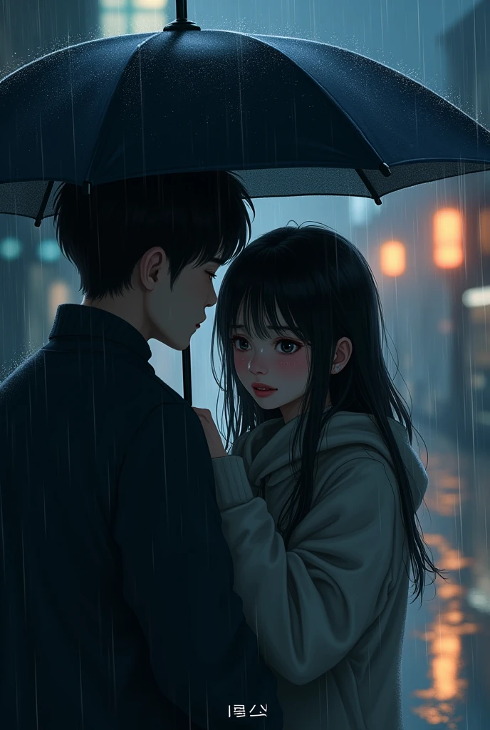 Portrait of a woman burying her face in the chest of a man with a serious expression while being hit by rain, closing her eyes and overflowing with tears ,  Handsome dark-haired man in jeans wearing a white hoodie over a blue jacket  (Asuka),  medium haired dark-haired woman wearing a white turtleneck and dark gray long skirt(Haruna), On the hill where you can see the cityscape cloudy in the rain ,4ｋ, Realistic 2 Ｄ digital art,  very high definition and correct depiction ,  expressions of sorrow 