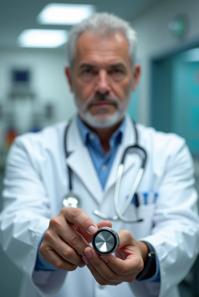 Male doctor fingers holding stethoscope facing me to check up
