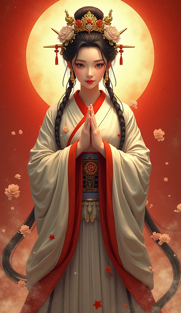 Fortune telling、Japanese Goddess、、Strong Goddess、Upper Body、Background is God々Shining、Size 9:16 Vertical Put your hands together