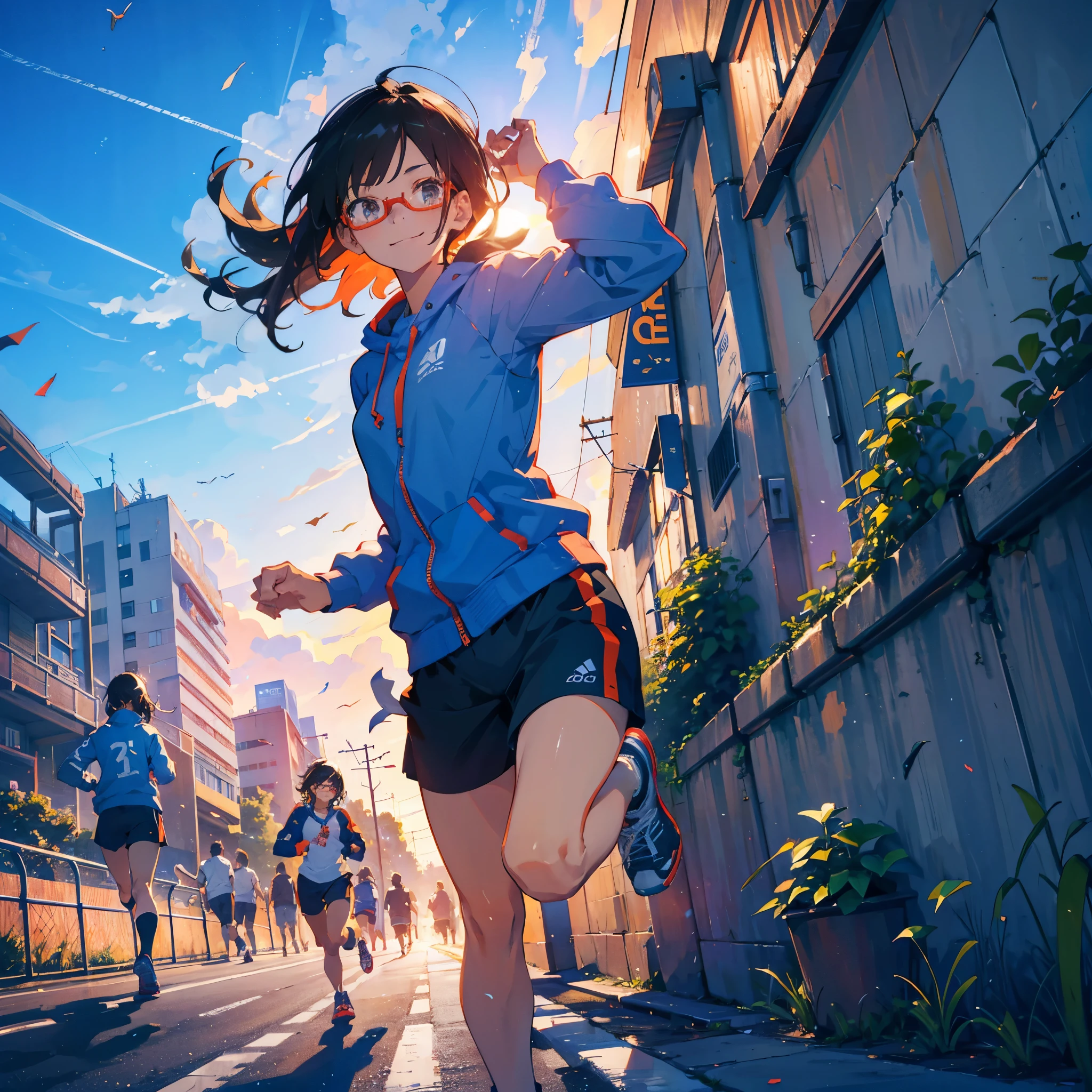 (Sportswear)、Orange hoodie、Shorts、Running style、Flying debris、Highest quality、An illustration、Great quality、OK、High resolution、8k wallpaper、Perfect dynamic composition、(((Ezvian everywhere)))、((Black Hair、Shortcuts))、Cute 20 year old、Beautiful face in every detail、Small and cute eyes、Fine skin、(Shortcuts:1.3)、(Red glasses)、Small breasts、smile、athlete、Athletics、女子Athletics選手 ((Tie your hair back)) ,((running shoes))