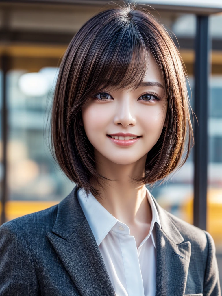 Tabletop, Highest quality, Realistic, Very detailed, finely, High resolution, 8k wallpaper, Cinema Lighting、1 person、Beautiful Japanese Women、30 years old、light brown straight bob hair, Wear a business suit, (Blurred Background、Station platform、noon、Light of the sun)、Sharp focus, Perfect dynamic composition, Narrow eyes:1.5, finely detailed and beautiful eyes, Thin Hair, Detailed and Realistic skin texture, (Smile:1.3), (Tilt your head), Close-up portrait, Model body type