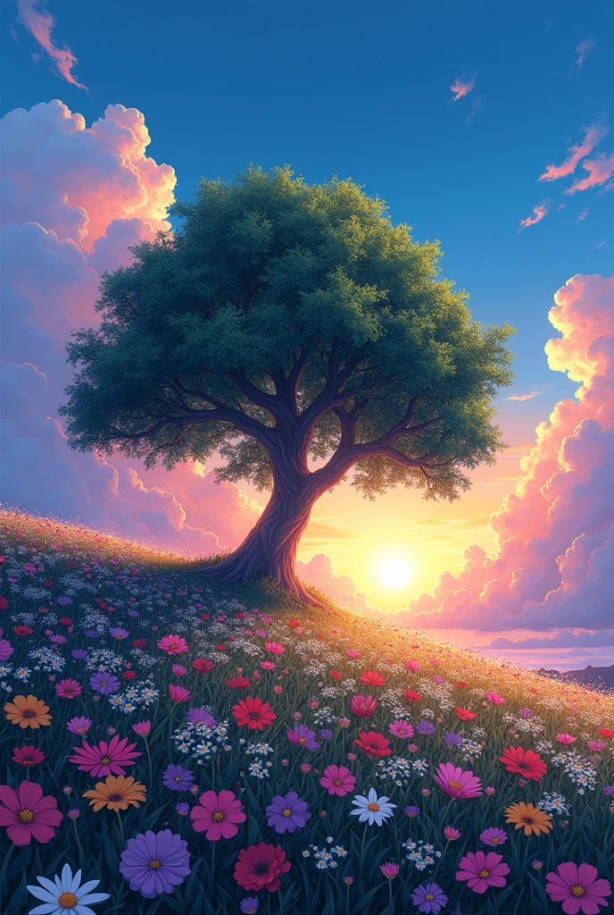 stylo anime Ghibli!!!  There are huge flowers, Field of Flowers on the Hill, big tree, spectacular twilight light of the amanecer, nubes azul                         luciernagas impressive paint, Digital paint, pointillism, art station, 8k ultra HD Profesional  There are huge flowers, Field of Flowers on the Hill, big tree, spectacular sunrise light, impressive paint, colored clouds, Digital paint, pointillism, art station, 8k