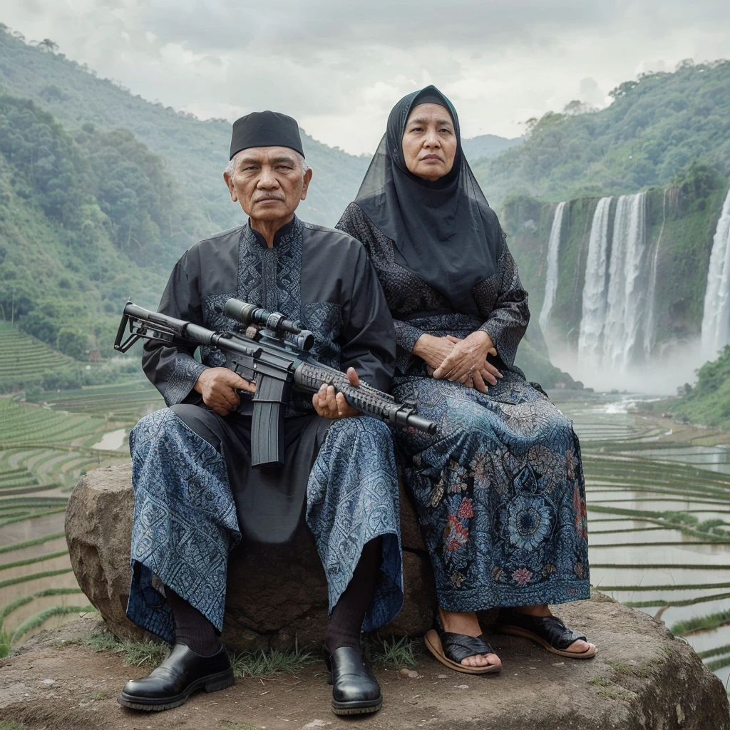 an Indonesian Muslim grandfather and grandmother, wearing black and blue colored couple batik, the grandfather is wearing a black cap and carrying a toy machine gun, they both sit on a large rock on a hill with a background of waterfalls, rice fields and rivers, hyper realistic photo, professional photography, detailed elements, uhd, hdr.