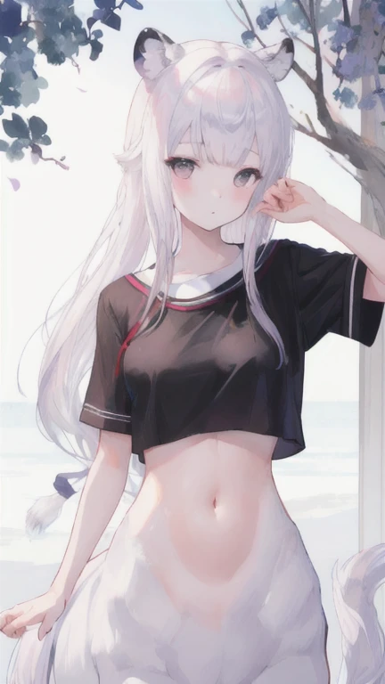 (best quality, masterpiece), 1 girl, centaur, It takes, White skin, Korean ,black pink,Smiling, exposing the abdomen, belly button t-shirt , 아름다운 소녀 Perfect wild white tiger photo, Perfect wild white tiger photo