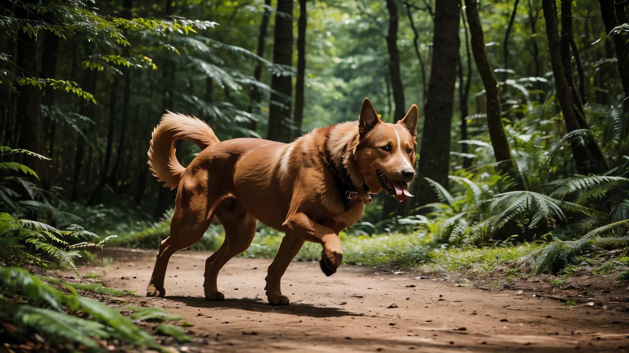 A dog running through the forest, its mouth sealed by arrows, but unharmed, showcasing Ekalavya's incredible skill.**