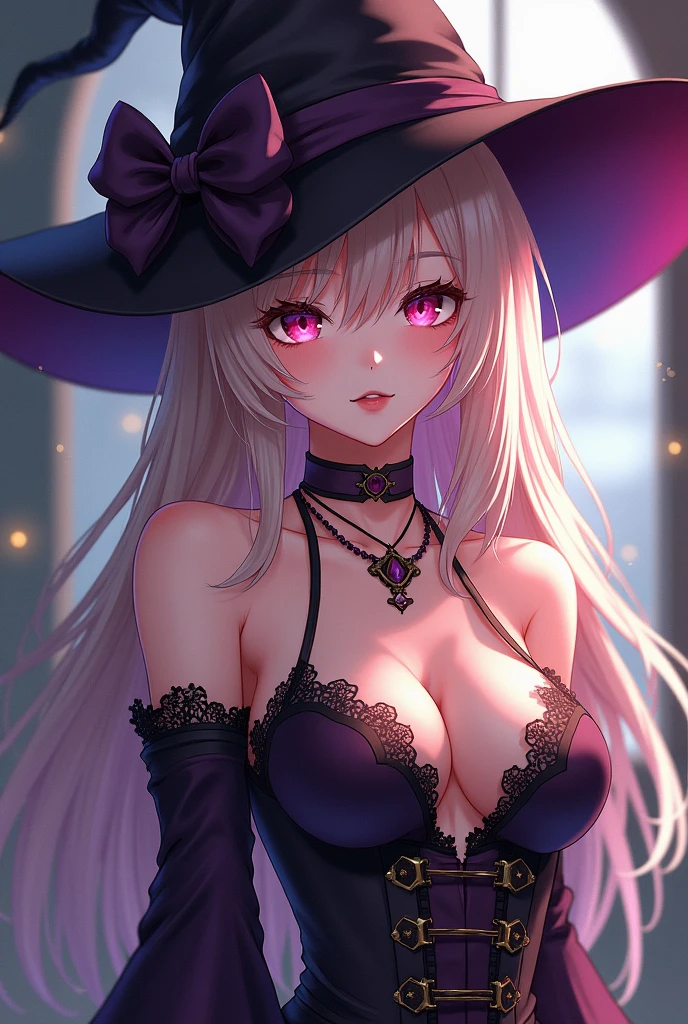 beautiful and seductive one girl being flirty and wearing witch clothes but the clothes is very revealing and seductive and the art style is anime but not too revealing