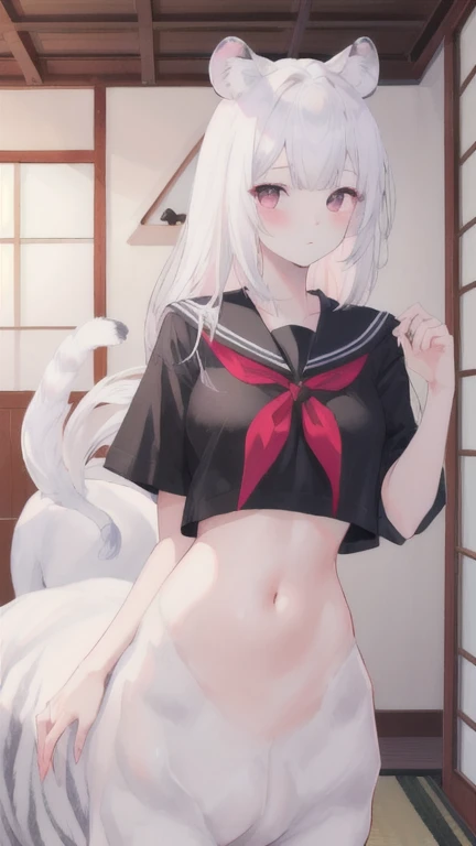 (best quality, masterpiece), 1 girl, centaur, I beg, White skin, Japanese schoolgirl,daughter,black pink, exposing the abdomen, belly button t-shirt , beautiful girl perfect, White tiger photo, 완벽한 White tiger photo