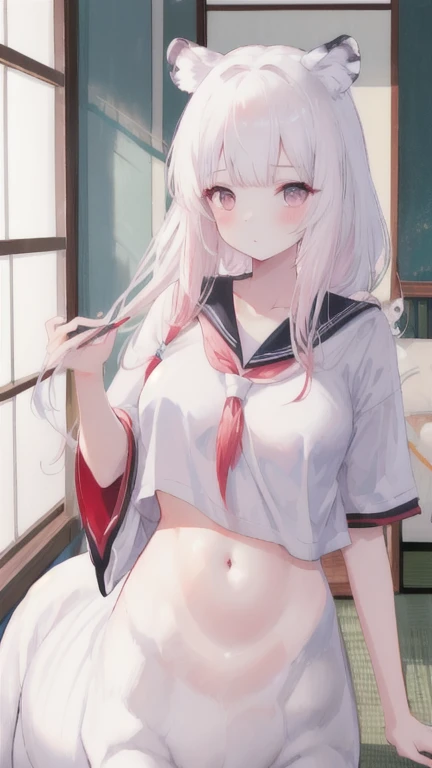 (best quality, masterpiece), 1 girl, centaur, I beg, White skin, Japanese schoolgirl,daughter,black pink, exposing the abdomen, belly button t-shirt , beautiful girl perfect, White tiger photo, 완벽한 White tiger photo