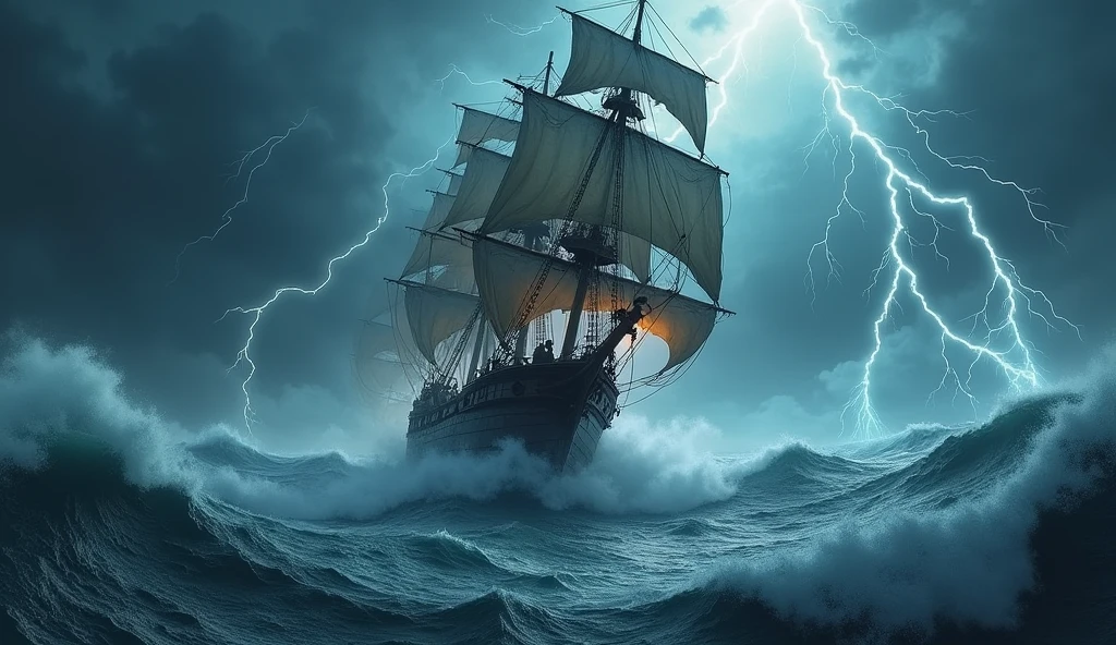 A dramatic scene of a ship battling a fierce storm at sea, with high waves, strong winds, and lightning illuminating the dark, turbulent sky, creating a sense of peril and urgency.