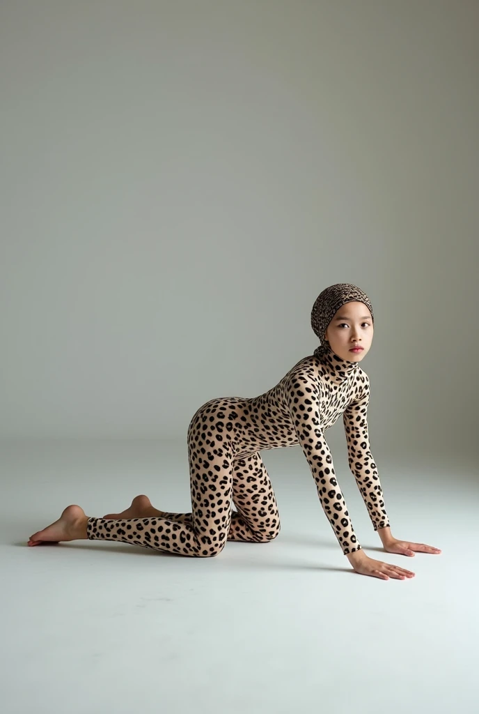 a beautiful and thin malaysian muslim teenager girl wears white clouded leopard print lycra turtleneck unitard catsuit covered with leopard spots and always wear clouded leopard print lycra dancewear hijab covered with leopard spots.She is crawling.