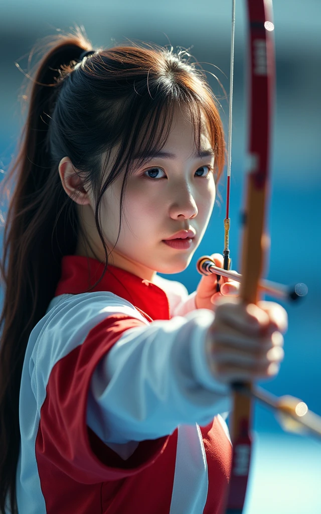 Women's archery at the Olympics,Korean team,18-year-old beauty,Delicate facial features,cute,White skin,Long hair,full-body shot,Panoramic vistas,Wide-angle lens,Olympic Games venue,Professional equipment,Focus,Ten rings,Olympic competition background