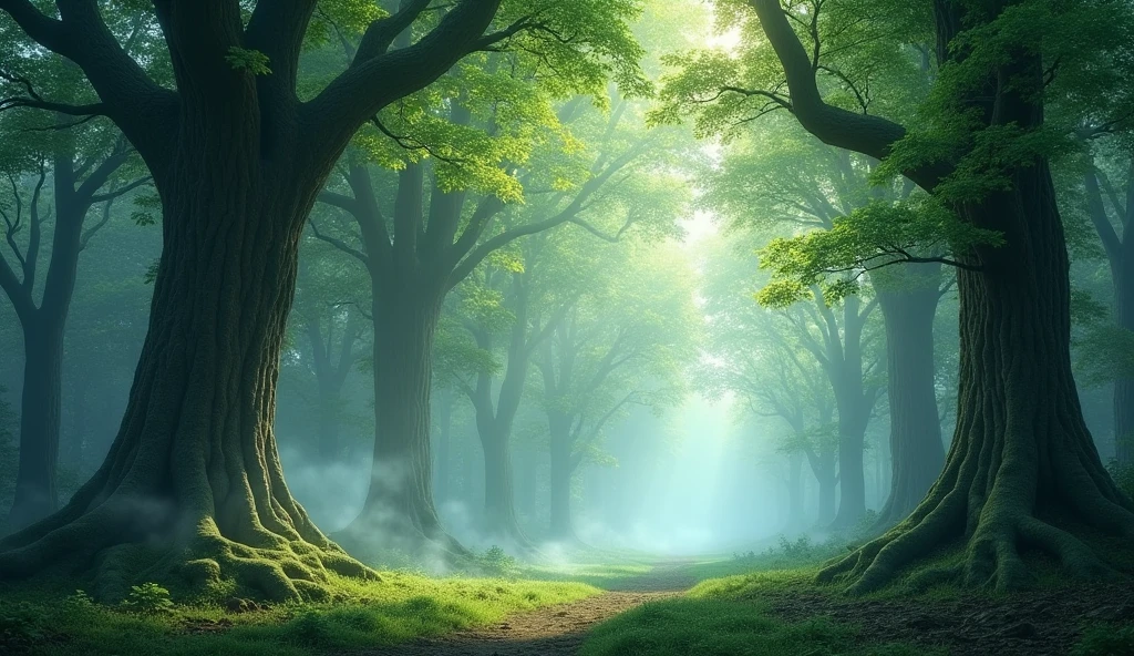 A beautiful forest, where there are tall trees, glimpses of green leaves, and a light mist in the air.