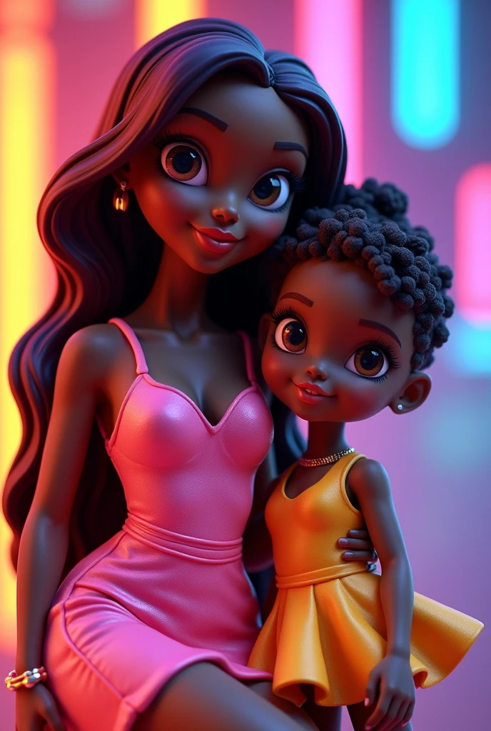 A cake topper featuring two sisters, one 18 and one 8, both black,with neon clothes,the 18 year old is black,sexly,with long, dark red hair,with a tight neon dress and the 8 year old is short, chubby, curly,eyes browns, neon flared dress