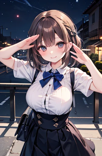 (Cute older sister:1.3)、smile,Spring atmosphere、skirt、Salute、night、Brown Hair,Large Breasts