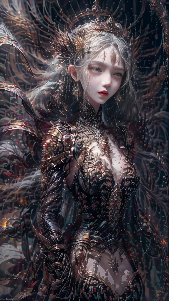 Woman in black outfit, view the viewer, Purple wings, Slim waist, Long hair, Ultra-detailed details, High-end Zhenyi station, Rainstorm site, detailed fantasy art, Stunning character art, Beautiful and exquisite character art, Beautiful black armor, Extremely detailed, Girl in shiny armor, Exquisite tiaras and jewelry, Crystal jewelry filigree, milky ways, Stunning visuals, (dynamic streaks, light tracks:1.2), Vibrant colors, attractive pose,