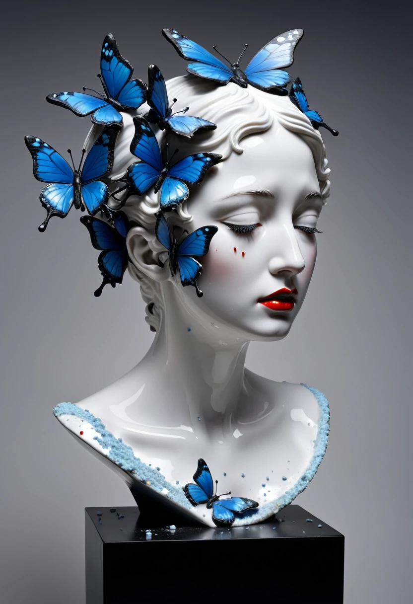 An incredible surreal sculpture by an unknown master in the avant-garde style, A white porcelain bust of a woman stands on a black cubic stand, the porcelain bust is damaged and cracked, part of the bust is crumbling into small crumbs, Crumbling crumbs fall and turn into small red rosebuds, Transparent tears flow down the cheeks and chin from the eyes of the porcelain bust, tears hang on the chin in drops and they turn into small bright blue butterflies, There are a lot of Bright blue butterflies and they fly apart. The view from the side. The distance is 1 meter. The work of a genius sculptor. Surrealism. Distortion of space. The illusion