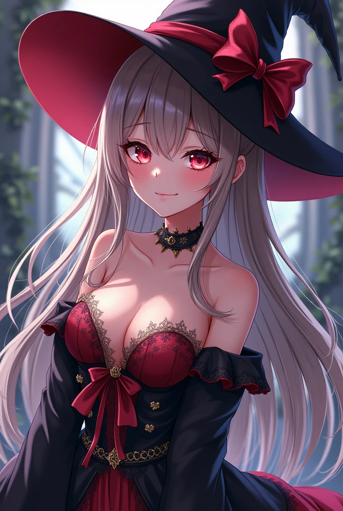 beautiful and seductive one girl being flirty and wearing witch clothes but the clothes is very revealing and seductive and the art style is anime but not too revealing 