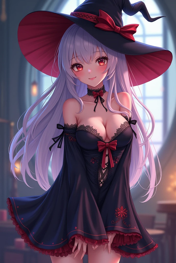 beautiful and seductive one girl being flirty and wearing witch clothes but the clothes is very revealing and seductive and the art style is anime but not too revealing