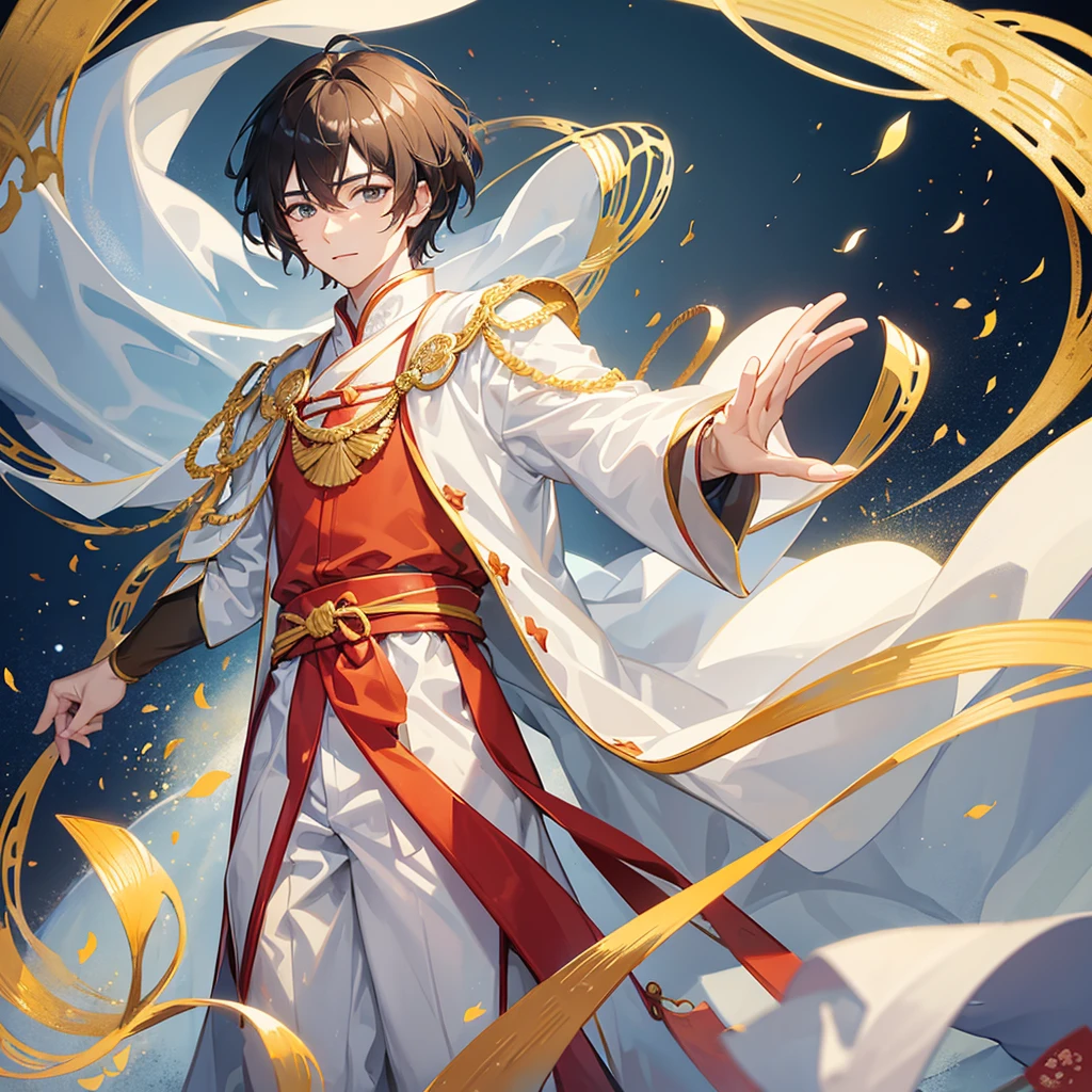A young man in his twenties,Dressed in Tang Dynasty costume,Overall white,The clothes have a cloud and gold edging,Looks thin overall,Like an ancient immortal。