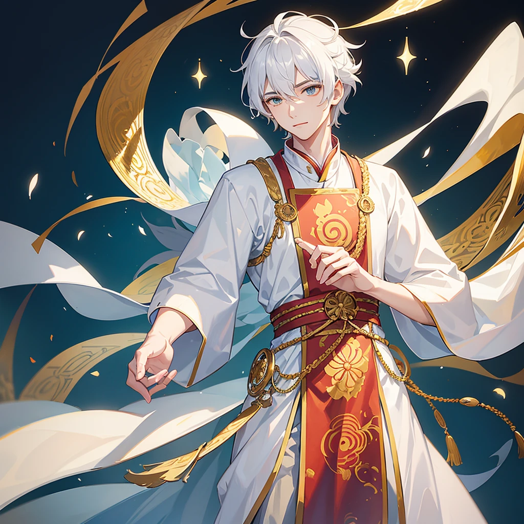 A young man in his twenties，Dressed in Tang Dynasty costume，Overall white，The clothes have a cloud and gold edging，Looks thin overall，Like an ancient immortal。