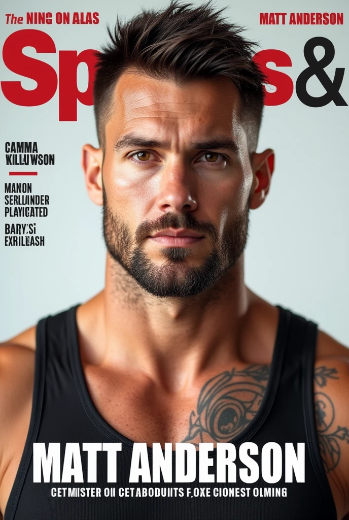 Buzz clip handsome reference Matt Anderson (reference American Volleyball Olympics Player - Matt Anderson), (reference Matt Anderson) (bluck tattoo:1.2), beard, short hair, small head (reference Matt Anderson) identifying its content. The content of this image includes a with a photograph of a man who appears to be an athlete, given his attire and physique. The text on the magazine cover provides context that the individual is featured for his achievements in sports, specifically related to the Olympics. The magazine's name suggests it is a monthly publication focused on local news or events, as indicated by the mention of "Zionsville." The overall aesthetic of the cover, including the choice of colors and fonts, is designed to convey a sense of accomplishment and community pride. (Chest hair:1.8) ! High detail 8K)! ((Realistically))kilograms! Popular clips! ( High-detail 8k ((realistically)), best quality, bright lighting, focus, (Chest hair:1.8) !(Chest hair:1.8) photo realism, !Short hair!!,Germany Male !,More Detail tall!