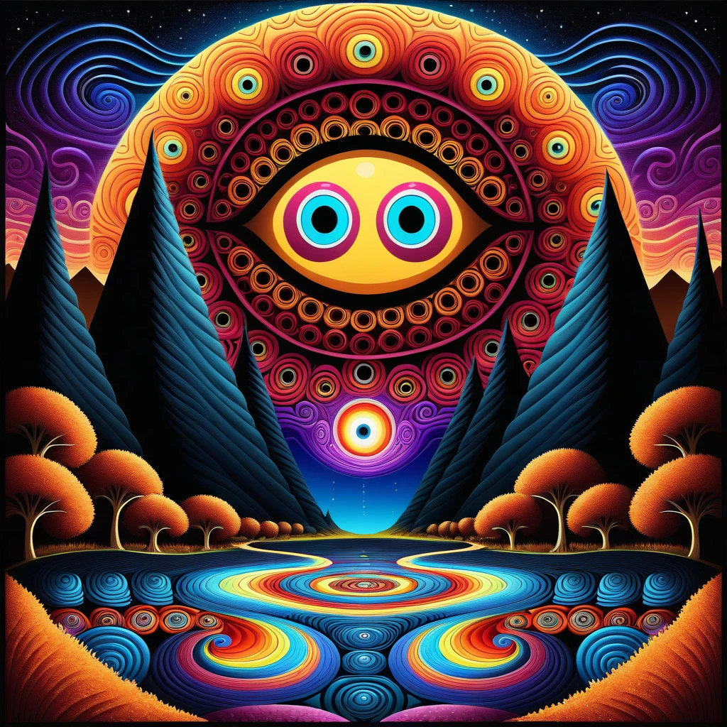 Intricate Cute Kawaii Monster with big teeth, big eyes, holding a bubble, in forest, mountain, swirly sky, cosmic sky, hypnotic, painting, metaphysical, quilled, mosaic, psychedelic art, super-detailed geometric patterns, symmetrical design, hypnotic effect, weird art, artwork by matt rhodes, fine lines, moody, fantasy, art by andy kehoe, autumn forest background, night, starry sky, colorful, Unreal engine, 3D Software render,