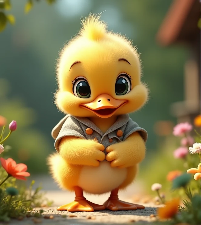 Imagine a lifelike duckling with humorous exaggerated features, oversized, wearing cute clothes, bright eyes and curiosity, smiling, positive image, smiling duckling, Disney style, capturing natural textures, and although its little PAWS are slightly larger, they are cuter. The background is a simple garden with an emphasis on natural colors and some greenery to create vibrant colors