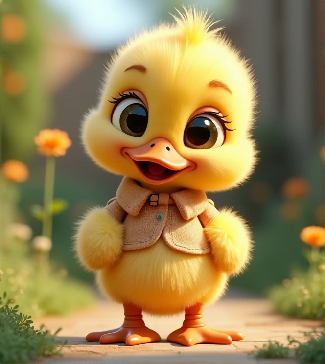 Imagine a lifelike duckling with humorous exaggerated features, oversized, wearing cute clothes, bright eyes and curiosity, smiling, positive image, smiling duckling, Disney style, capturing natural textures, and although its little PAWS are slightly larger, they are cuter. The background is a simple garden with an emphasis on natural colors and some greenery to create vibrant colors