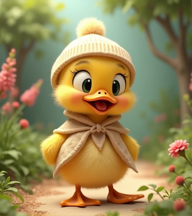 Imagine a lifelike duckling with humorous exaggerated features, oversized, wearing cute clothes, bright eyes and curiosity, smiling, positive image, smiling duckling, Disney style, capturing natural textures, and although its little PAWS are slightly larger, they are cuter. The background is a simple garden with an emphasis on natural colors and some greenery to create vibrant colors