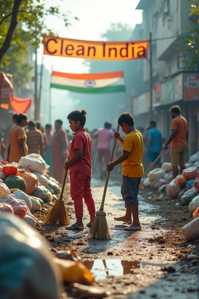 A photo of a cleanliness drive in India. People, including children, are sweeping the streets with brooms. The streets are lined with garbage that has been collected. The background contains buildings. There is a banner that says "Clean India". Shoked per 4k aspect ratio16.9 