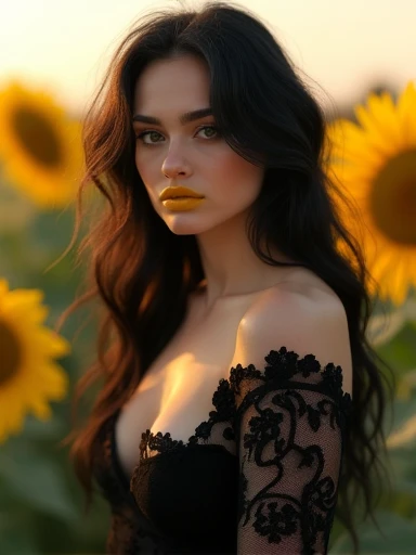 (Masterpiece.Uhd.photorealistic) an ultra hot gorgeous European woman. Age 23. Voluptuous hourglass body. Gorgeous face.epic cleavage ((100 DD SIZE)) Black messy hair. Bright Yellow lipstick. full lips. Black sheer lace dress. Pale porcelain skin. Smiling, beautiful detailed eyes, beautiful detailed lips, extremely detailed face, long eyelashes, sunflower field,early morning lighting, cinematic lighting, highly detailed, 8k, photorealistic, masterpiece, studio lighting, concept art