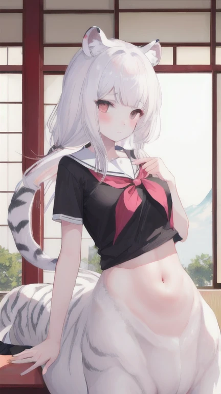 (best quality, masterpiece), 1 girl, centaur, I beg, White skin, Japanese schoolgirl,daughter,black pink, exposing the abdomen, belly button t-shirt , beautiful girl perfect, White tiger photo, 완벽한 White tiger photo