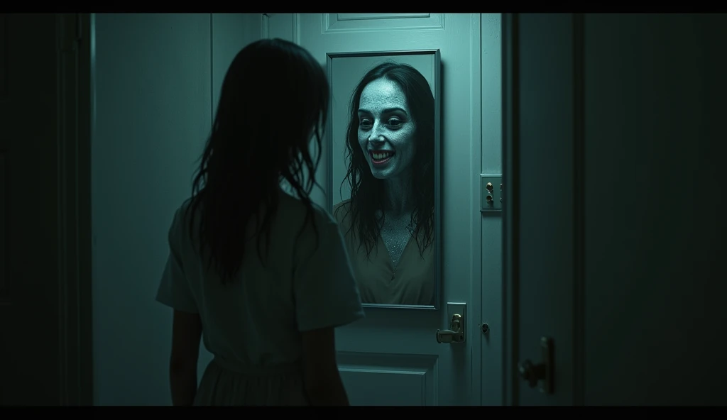 Horror, dark atmosphere, intricate details, cinematic structure, dramatic shadows, mysterious, eerie, otherworldly, subdued color palette, chiaroscuro lighting, ultra-definition, masterpiece, highest quality, 8k, realistic, mirrored The creepy smile of the woman inside, the distorted face,