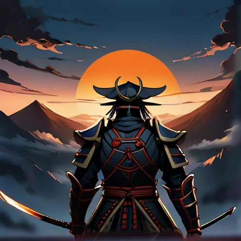 a small yet fierce samurai warrior clad in detailed armor, standing confidently with two katanas drawn. The samurai's intense gaze is matched by the dramatic backdrop of an orange moon and drifting clouds, suggesting a tense moment before battle.