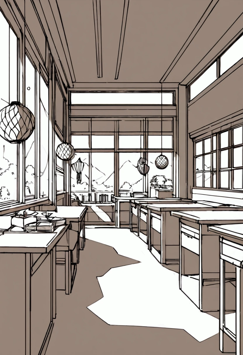 Make me an interior design of a normal classroom with lots festival decorations,line art,no color, Using DIY decorations,Affordable materials, beautiful and simple decorations,no color,line art, with color,NO people