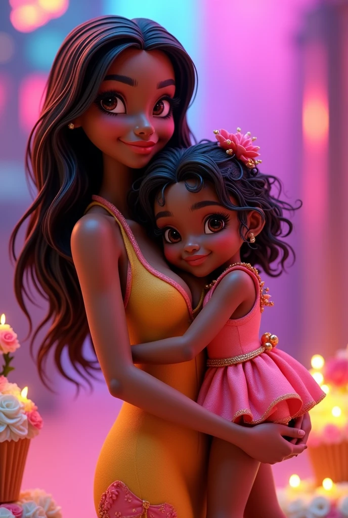 A cake topper featuring two sisters, one 18 and one 8, both black,with neon clothes,the 18 year old is black,sexly,with long, dark red hair,with a tight neon dress and the 8 year old is short, chubby, curly,eyes browns, neon flared dress