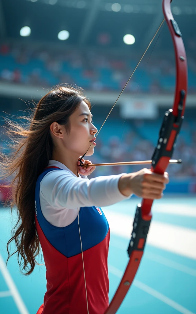 Women&#39;s archery at the Olympics，Korean team，18-year-old beauty，Delicate facial features，cute，White skin，Long hair，full-body shot，Panoramic vistas，Wide-angle lens，Olympic Games venue，Professional equipment，Focus，Ten rings，Olympic competition background