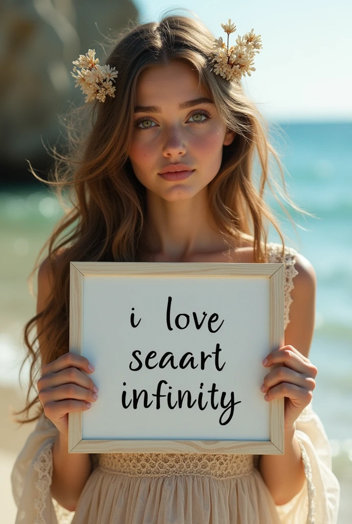 Beautiful girl with wavy long hair, bohemian dress, holding a white board with text "I Love Seaart Infinity" and showing it to the viewer