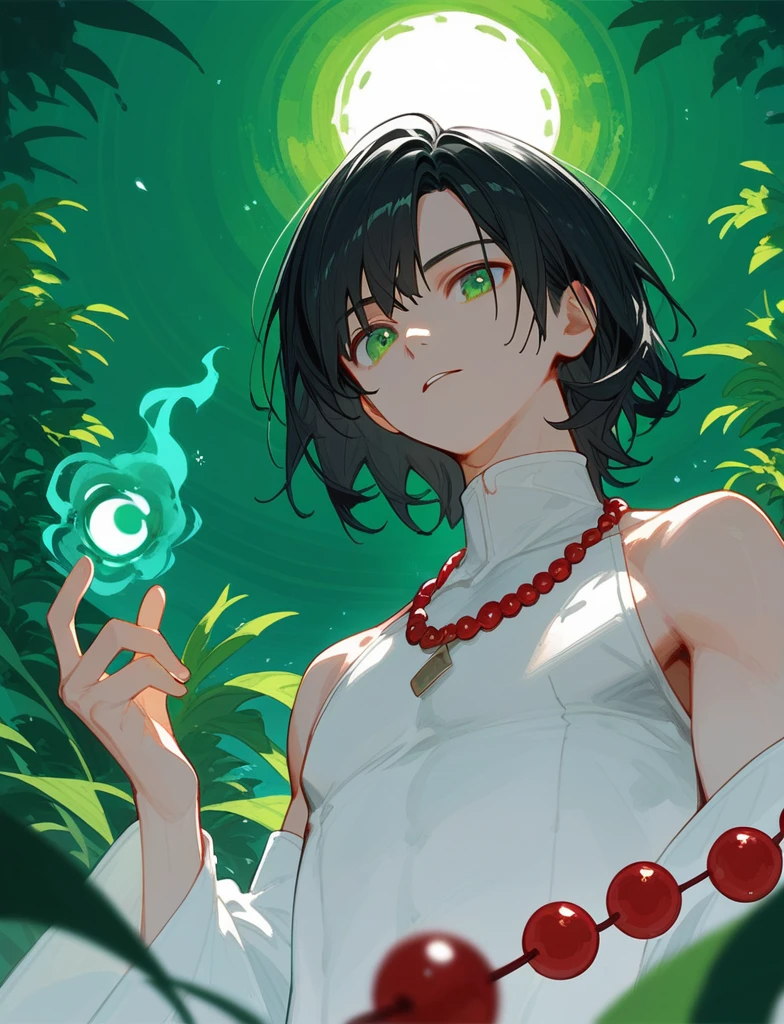 score_9_up,score_8_up, from below, 1boy, Black Hair, green eyes, medium hair, bangs, (forehead:0.5), bare shoulders, white kimono, high neck halter top, red beads, ((necklace)), (((magic))), solo, plants, wind, blue sky