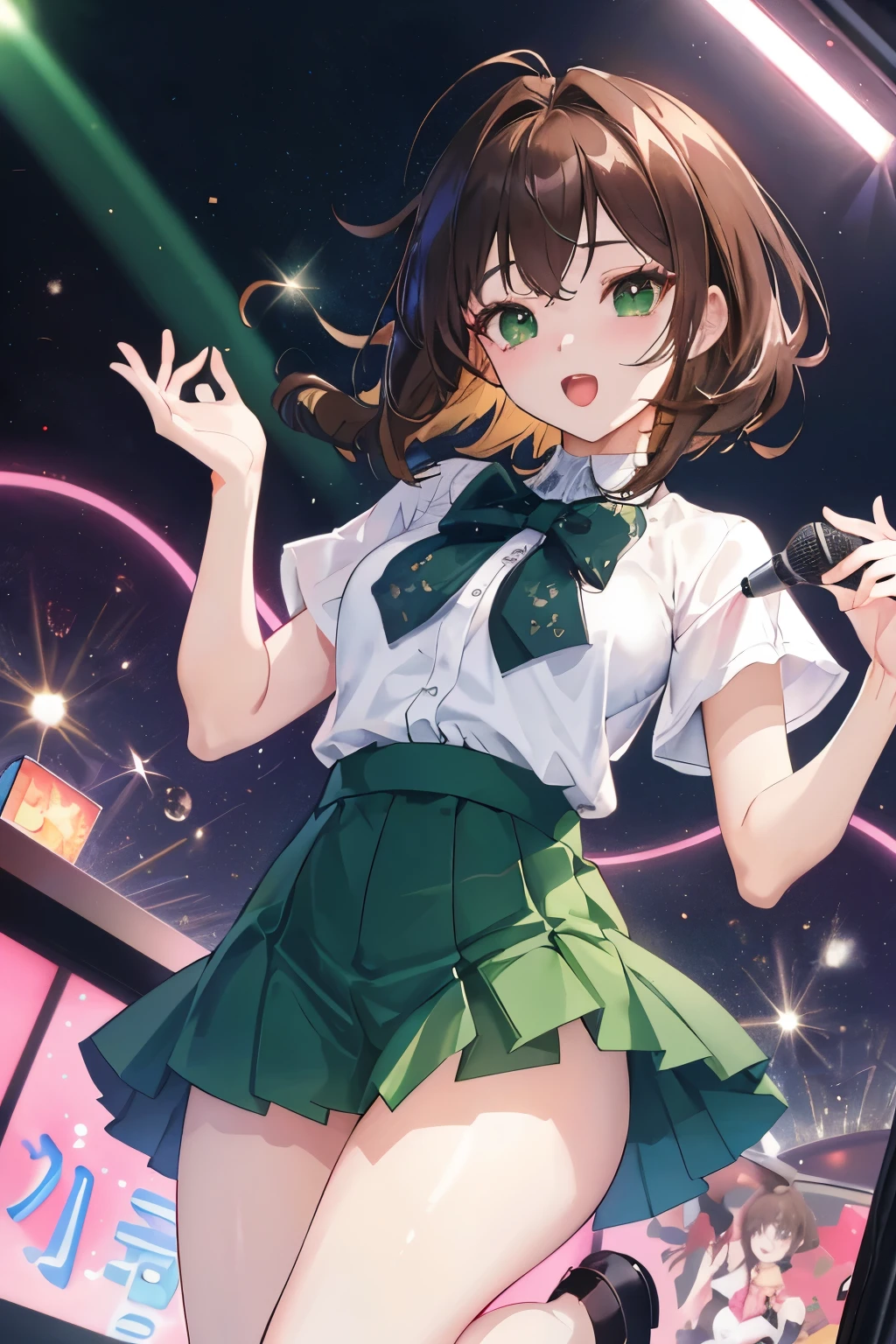 ((masterpiece, Highest quality, High resolution, 超High resolution, Pixel perfect, Written boundary depth, 4K, RTTX 10.0, High resolution))), 1 person, single, alone, Beautiful Anime, Beautiful art style, Anime characters, ((Shortcuts, bangs, Dark brown hair)), ((Green Eyes:1.4, Round eyes, Beautiful eyelashes, current eyes)), ((Smooth texture:0.75, Anime CG style)), ((Dynamic Angle, close)), Perfect body, (cute), Normal chest, whole body, ((4K, 8k, Highest quality, Perfect Fingers: 1.3, Perfect Anatomy: 1.3, Background Blur)), whole bodyアングル, Illustration of a person singing karaoke, Characters in casual clothes、With a microphone in his hand、Singing happily, her face is lively, In the background is the bright lights of a karaoke room., Drinks and snacks are on the table