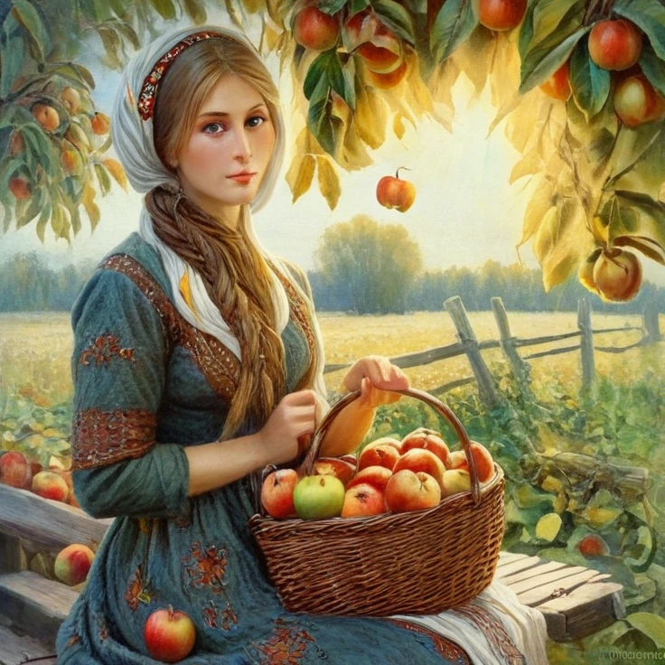 Painting of a woman, sitting on a bench with a basket of apples, The Goddess of the Autumn Harvest, beautiful digital images, Igor Grabar, Slavic folk tale, by Nikita Veprikov, author Dechko Uzunov, Alexander Kucharsky, beautiful art uhd 4k, Ukrainian girl, a picture of beauty, beautiful works of art, official work of art