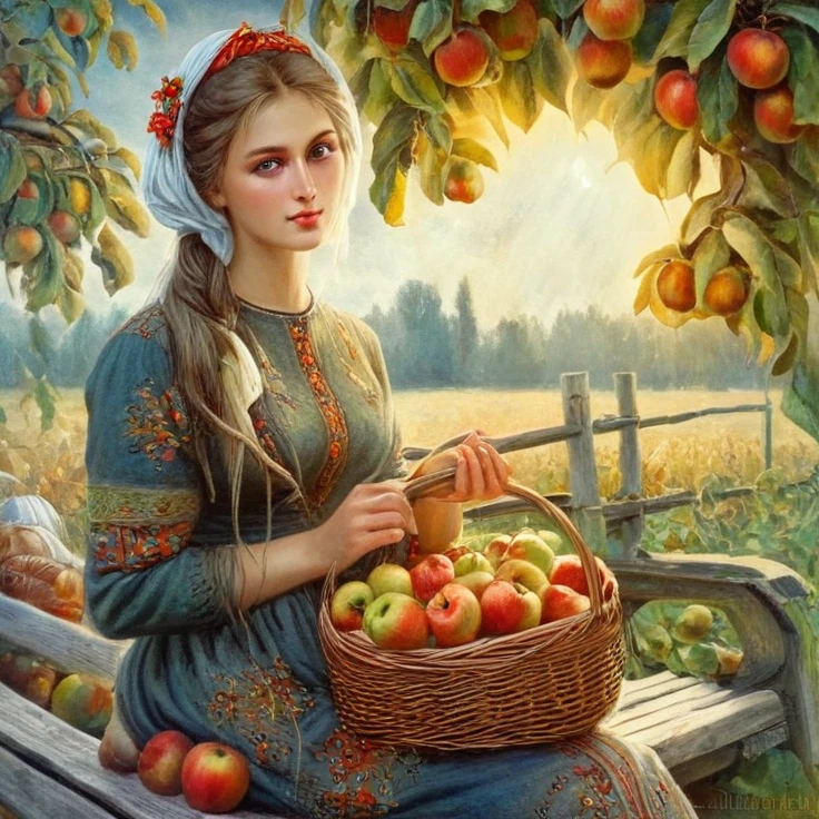 Painting of a woman, sitting on a bench with a basket of apples, The Goddess of the Autumn Harvest, beautiful digital images, Igor Grabar, Slavic folk tale, by Nikita Veprikov, author Dechko Uzunov, Alexander Kucharsky, beautiful art uhd 4k, Ukrainian girl, a picture of beauty, beautiful works of art, official work of art