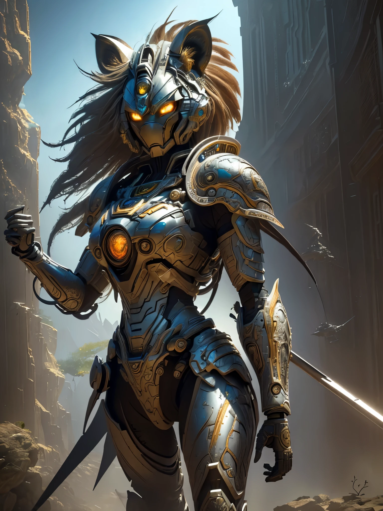 ((Highest quality)),(Ultra-high resolution),(Super detailed),(Detailed Description),((The best CG)),(masterpiece),Highly detailed art,(Art with precise detail:1.5), (Sci-Fi Fantasy:1.8), (Female type:1.5),Polearm:1.5, iron, Crushing Arm, Fight, Cutting through the wind, Roaring Air,, Dazzling Sun:1.4, Lion&#39;s Fury, Brave and courageous, One-of-a-kind warriors, vermilion,Dark Green,sky blue,Illumination, design
