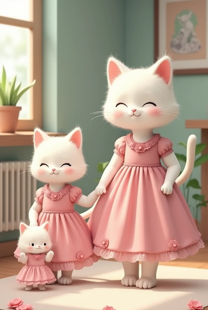 White big cat and white cat wear pink dress and small cat wear pink dress going to home