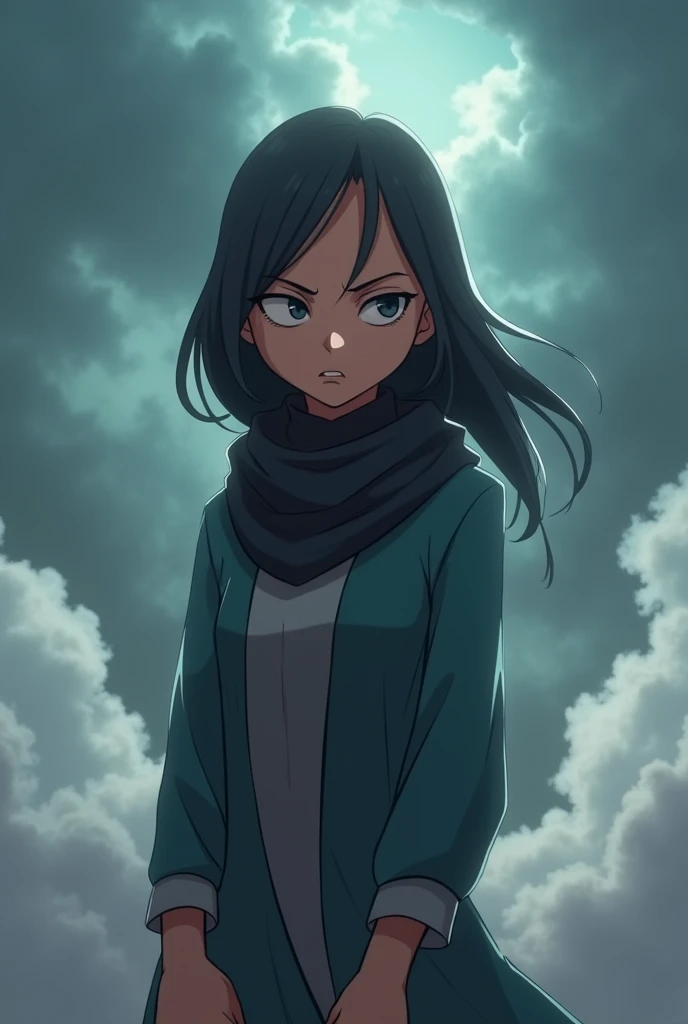"Create an animated display picture featuring a fierce and dangerous 20 year old musim girl with an intense, angry expression. Despite her tough exterior, there's a subtle hint of care in her eyes. She stands confidently on a bed of clouds, with the sky around her looking stormy and dramatic, reflecting her powerful and complex nature. The girl's pose should convey both strength and a sense of protectiveness, blending these contrasting emotions into a single, striking image."