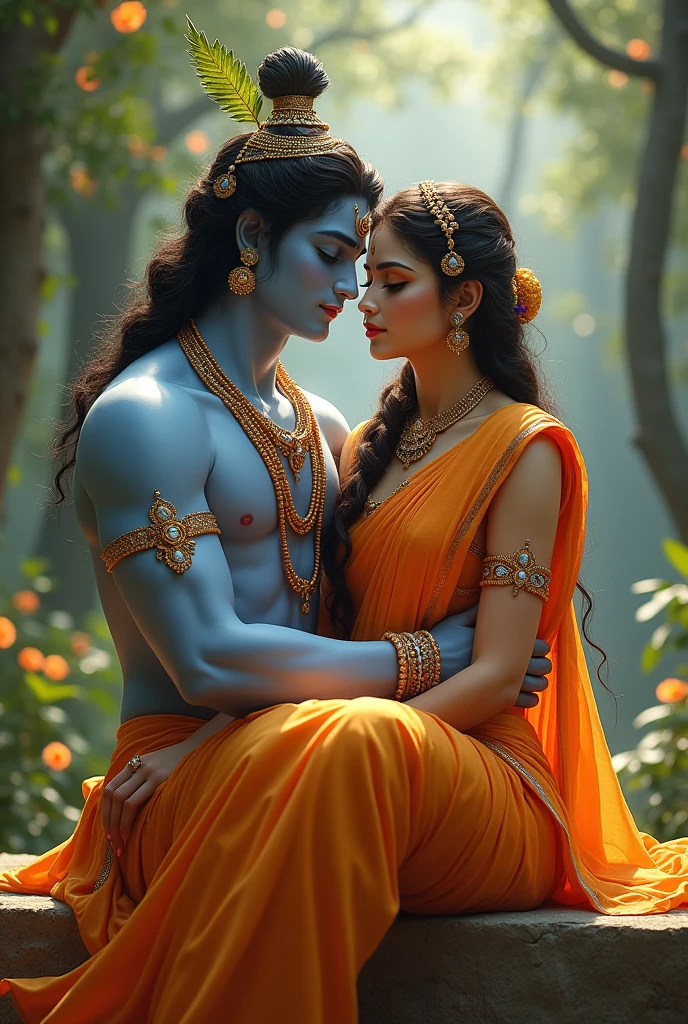 Radha is lord krishna men ,radha sit on krishnas thais
pose
,both clear faces back colur