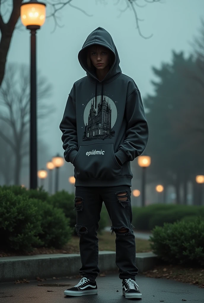 Please make me a picture, this picture shows a person outdoors on top of a layer of ground. The individual was a dark grey hoodie with a graphic of a gothic-style building and the word "EPIDEMIC" printed on it. The person was also wearing torn black jeans and black-and-white Vans sneakers. In the background, there are green shrubs, trees, and street lights indicating that this photo was taken in a park or outdoor area during the afternoon.