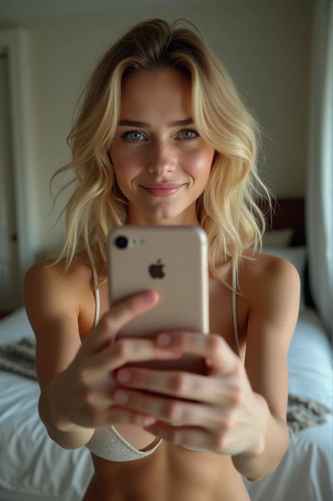 photorealistic portrait of a 40-year-old British woman taking a selfie. Without a smile, blonde hair tending to brown, Vector looking straight into the camera. without hiding the shoulders.